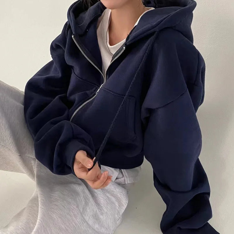 Women's Cropped Zip-Up Hoodie – Fleece-Lined, Loose Fit, S–XXXL