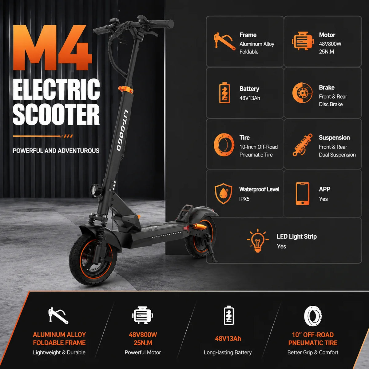 LIT-M4 Foldable Electric Scooter, 800W, 10-Inch Tires