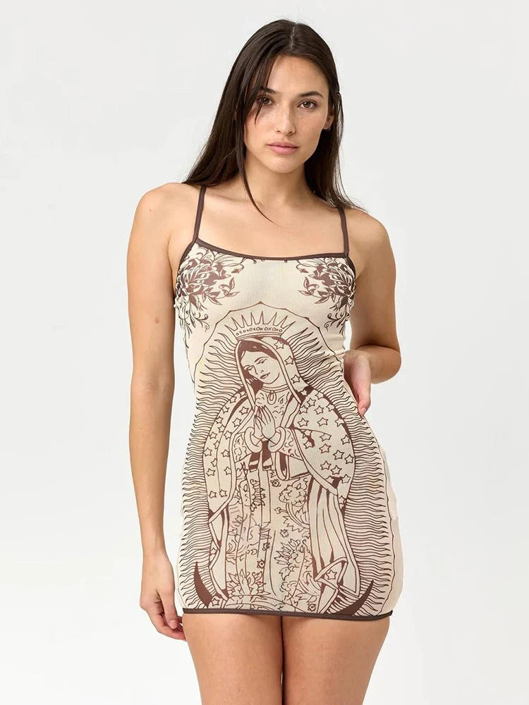 Women's mini bodycon dress with art print, low neck, high stretch, sleeveless in khaki brown colors for summer