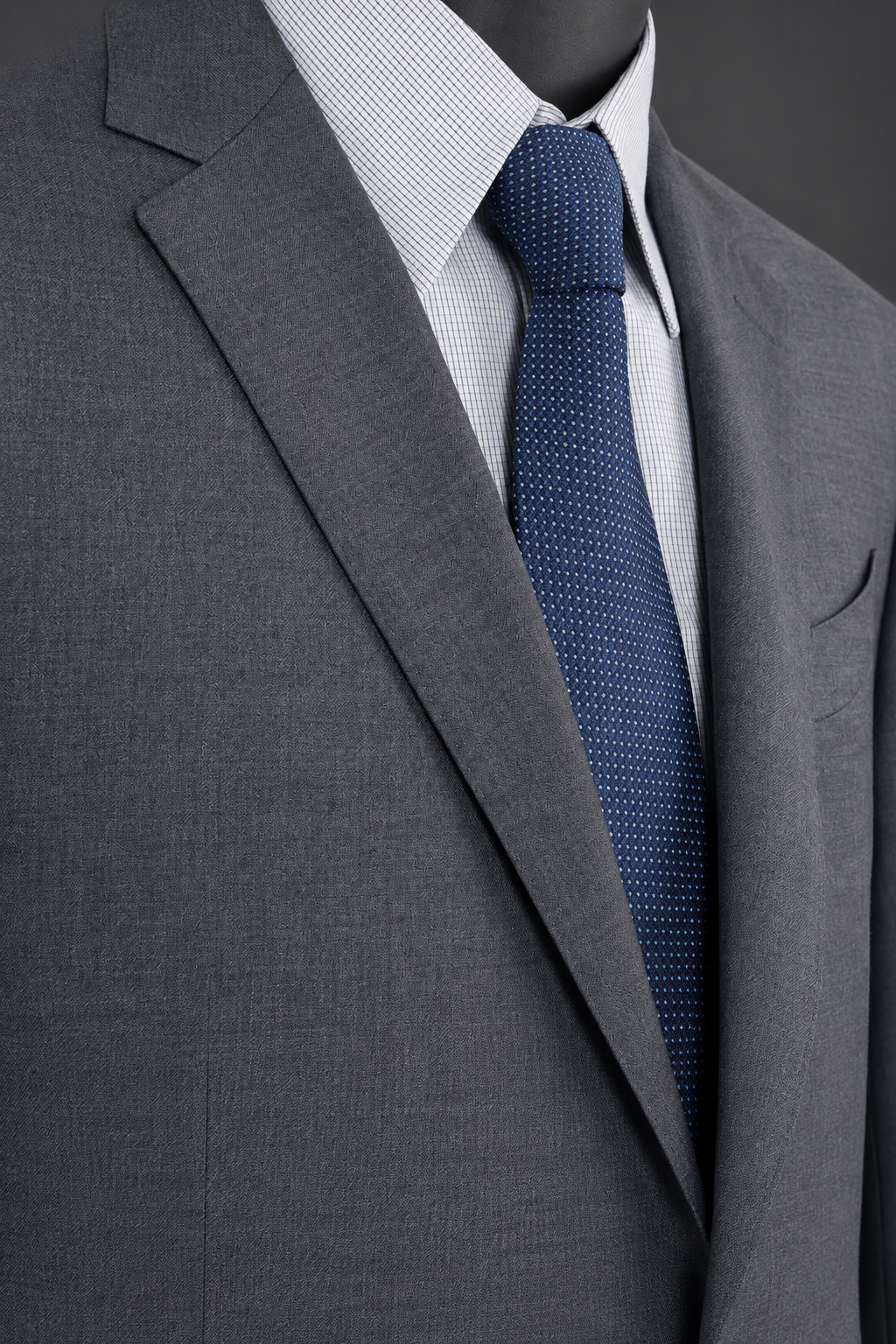Close-up of a grey suit jacket with notched lapels and a blue tie against a charcoal studio background