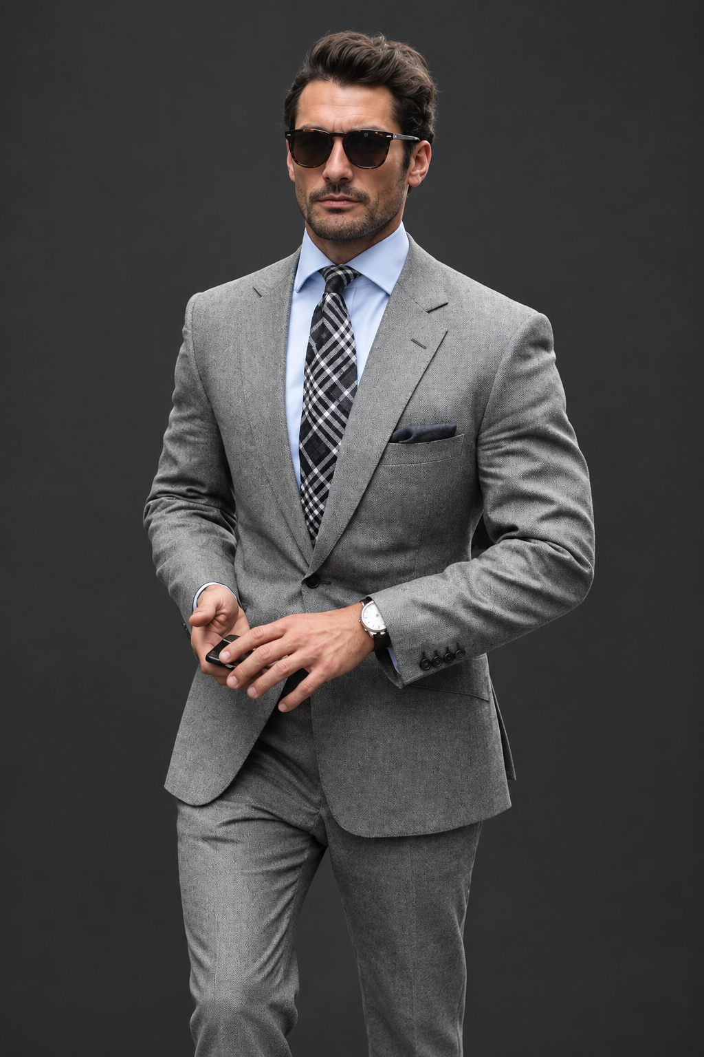 Man wearing a grey slim-fit suit against a charcoal-grey studio background